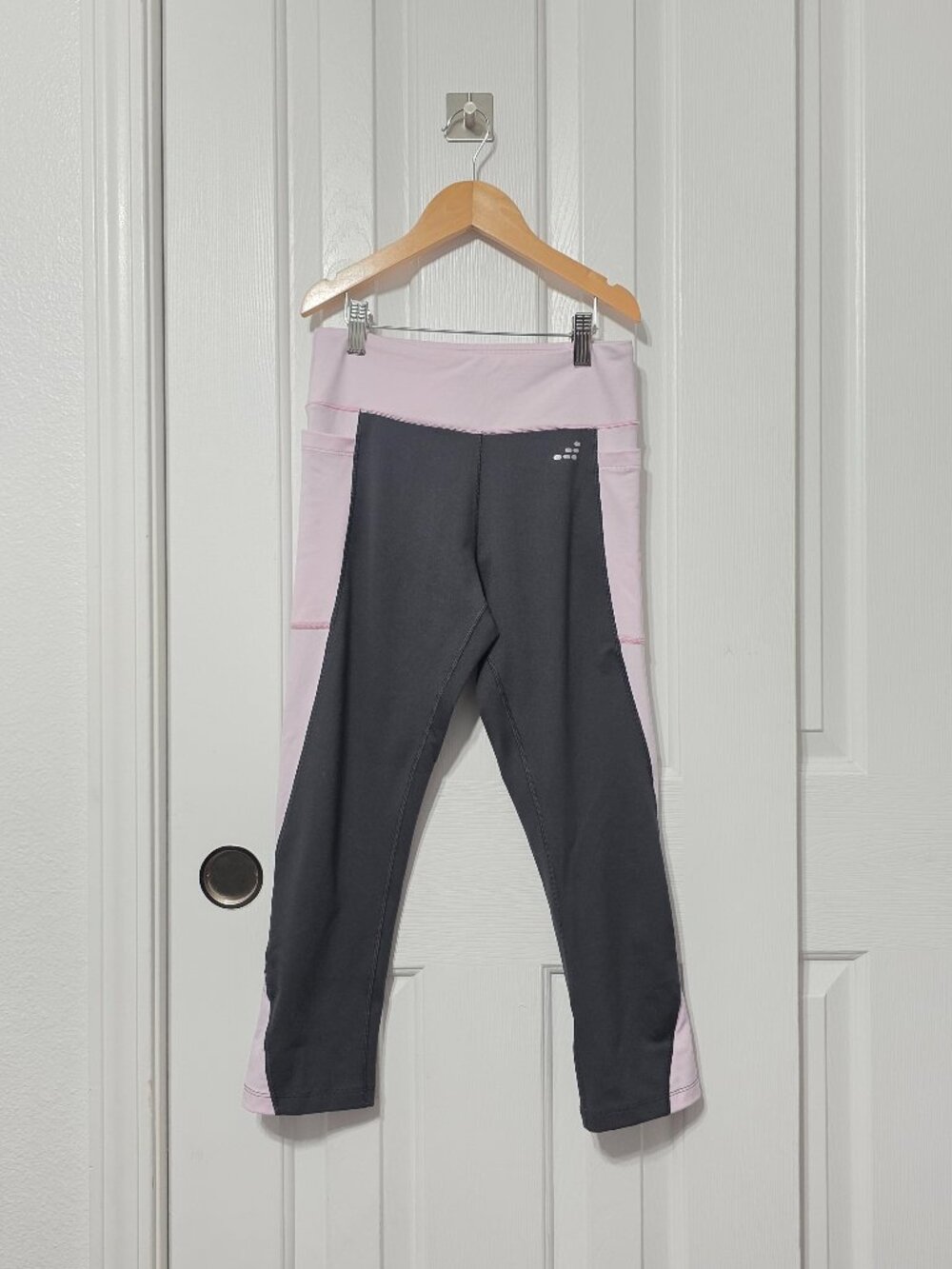 gray, pink workout leggings, women's small, bcg